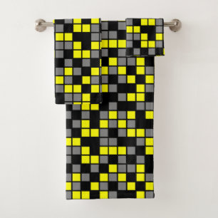 Yellow, Black, Grey Random Mosaic Squares Bath Towel Set