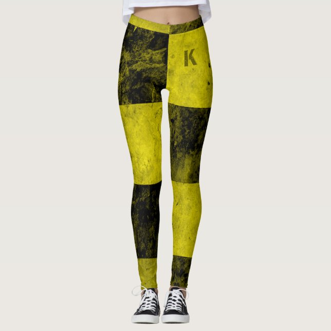 Yellow Black Grunge Tiles Monogram Personalised Leggings (Front)
