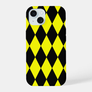 Yellow Black Harlequin Diamonds Checkers Design iPhone 15 Case