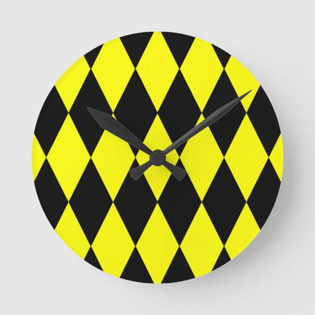 Yellow Black Harlequin Diamonds Checkers Design  Round Clock (Front)