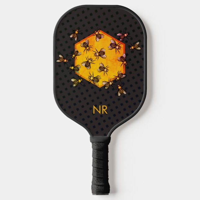  Yellow Black Honey bees Custom Beekeeper Monogram Pickleball Paddle (Front)