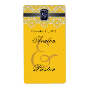 Yellow & Black Lace Jewelled Wedding Wine Label