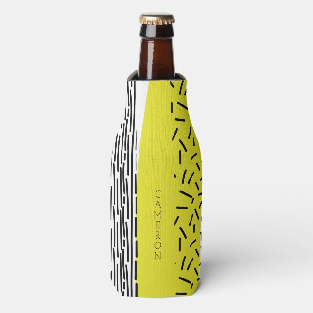 Yellow & Black Mix Geometric Pattern Personalised Bottle Cooler (Bottle Front)