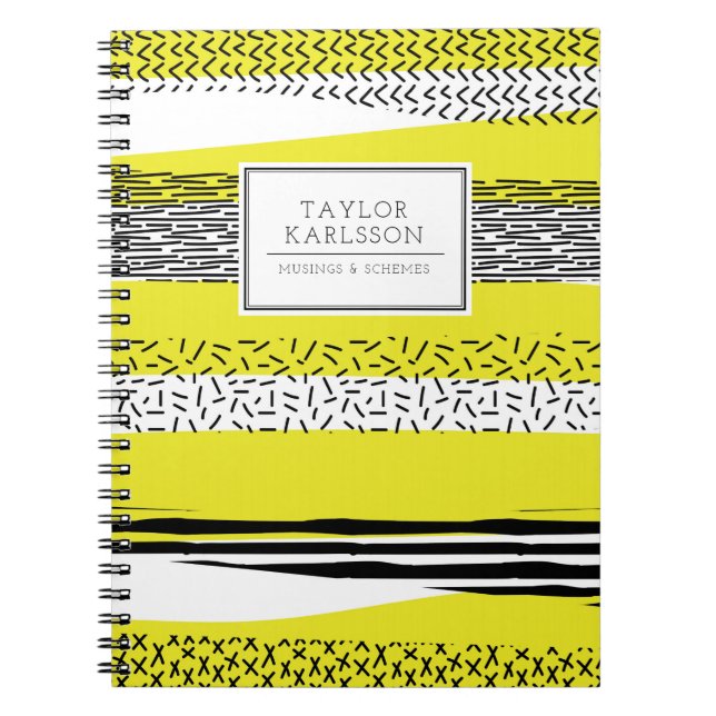 Yellow & Black Mix Geometric Pattern Personalised Spiral Notebook (Front)