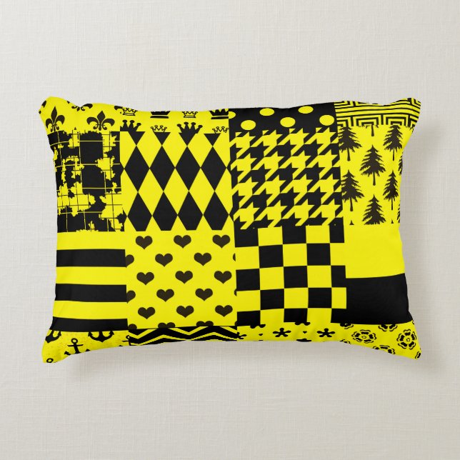 Yellow Black Mixed Patterns Patchwork Design  Decorative Cushion (Front)