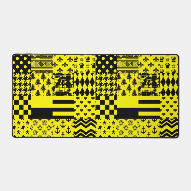 Yellow Black Mixed Patterns Patchwork Design  Desk Mat (Front)