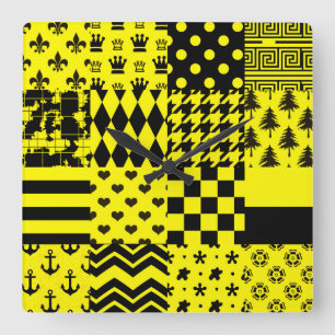 Yellow Black Mixed Patterns Patchwork Design Square Wall Clock