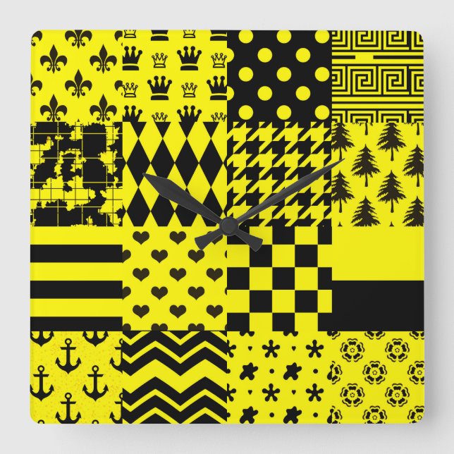 Yellow Black Mixed Patterns Patchwork Design  Square Wall Clock (Front)