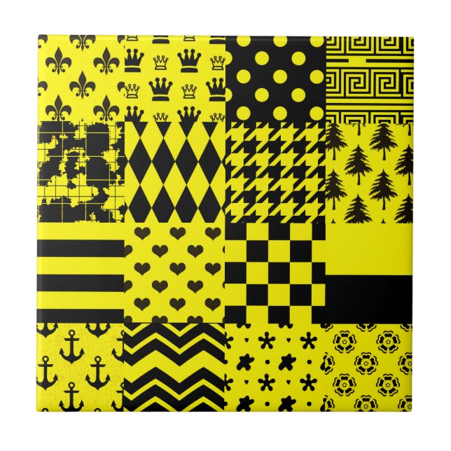 Yellow Black Mixed Patterns Patchwork Design  Tile (Front)