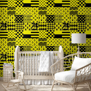 Yellow Black Mixed Patterns Patchwork Design Wallpaper