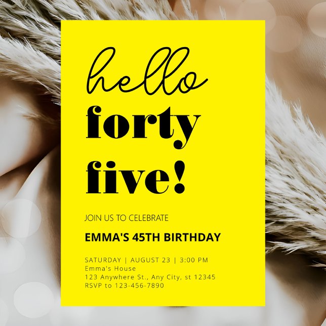 Yellow Black Modern 45th Birthday Invitation (Creator Uploaded)
