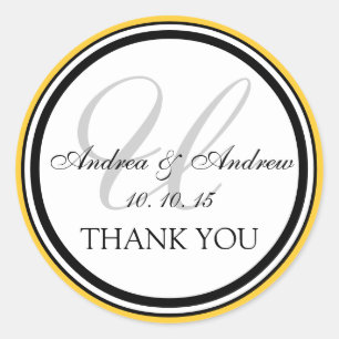 Yellow Black Monogram U Wedding Thank You Classic Round Sticker
