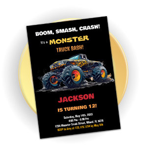 Yellow Black Monster Truck Birthday Invitations