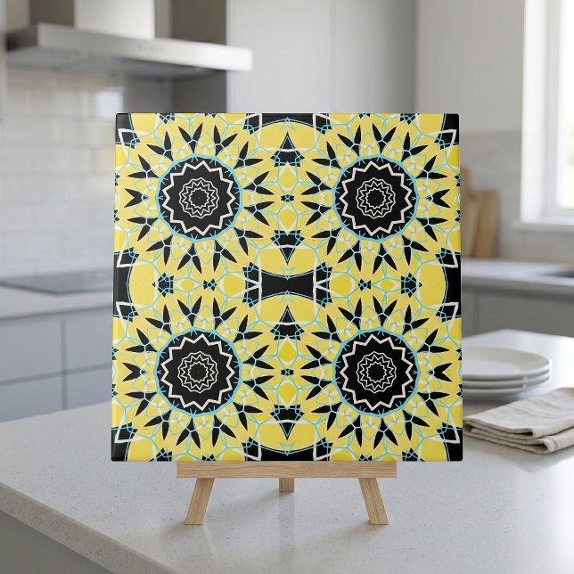 Yellow Black Mosaic Geometric Mandala Pattern Tile (Creator Uploaded)