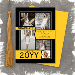 Yellow & Black Photo Collage Class of Graduation Announcement