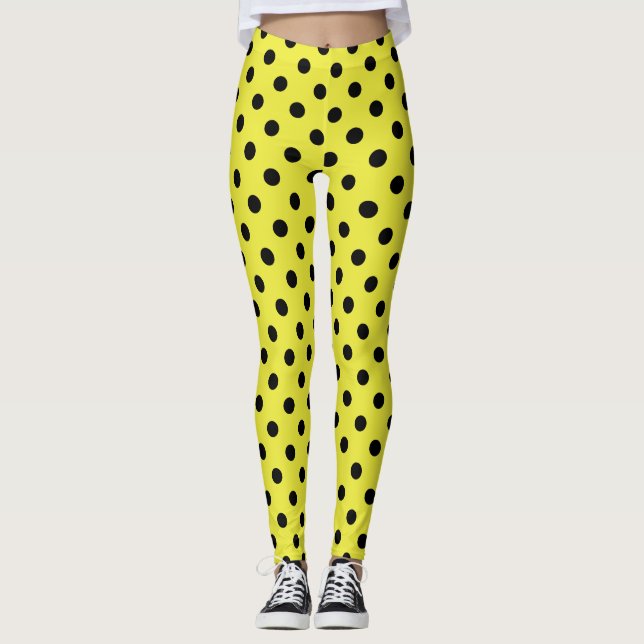 Yellow Black Polka Dot Pattern Leggings (Front)
