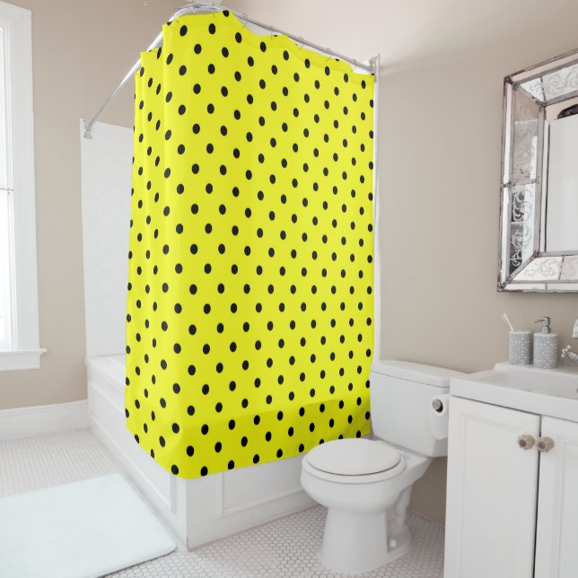Yellow black polka dot shower curtain (In Situ)