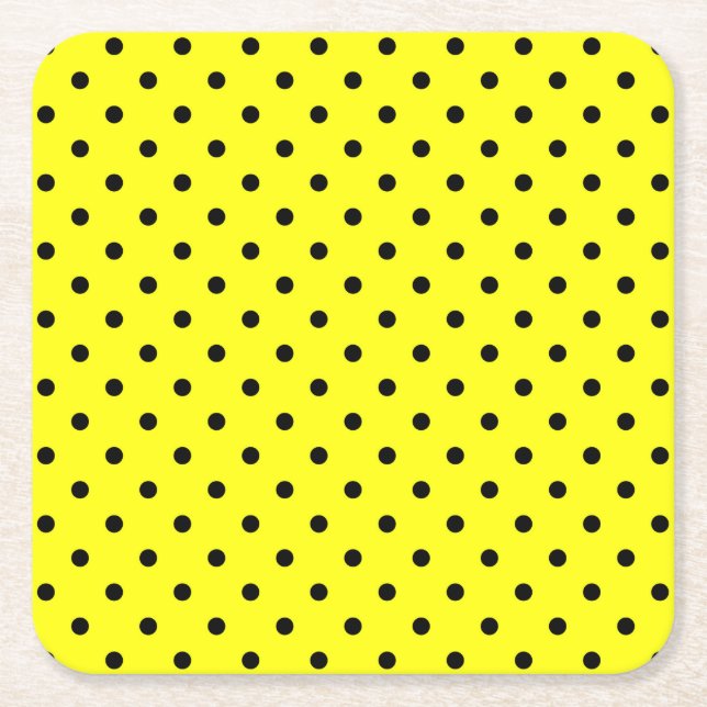 Yellow black polka dot square paper coaster (Front)