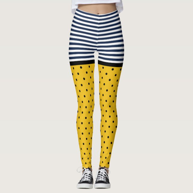 Yellow & Black Polka Dots, Black & White Striped  Leggings (Front)