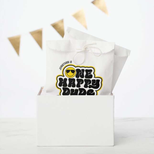 Yellow Black Retro One Happy Dude 1st Birthday Favour Bags (Party)