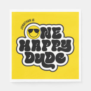 Yellow Black Retro One Happy Dude 1st Birthday Napkin