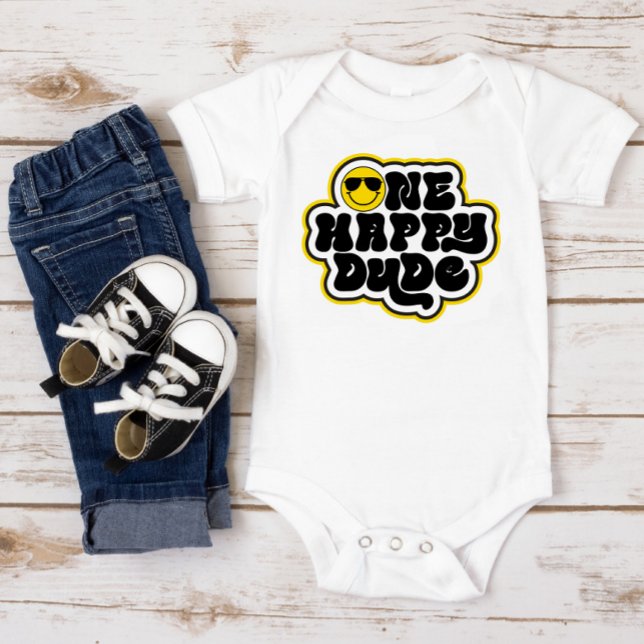 Yellow Black Retro One Happy Dude First Birthday Baby Bodysuit (Creator Uploaded)