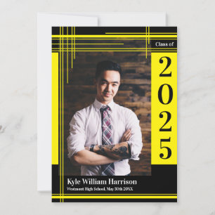 Yellow Black School Colour Graduation Photo Plaid Invitation