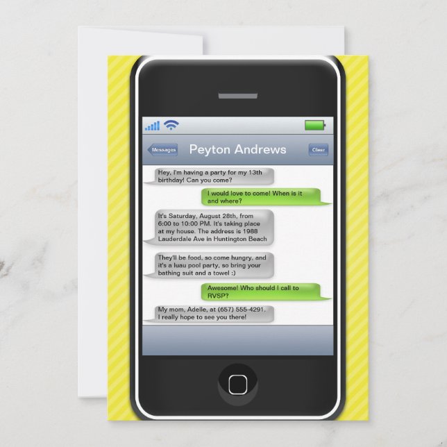 Yellow/Black Smart Phone iParty Birthday Party Invitation (Front)