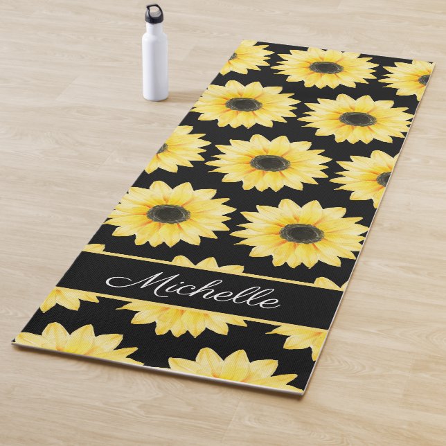 Yellow Black Sunflower Watercolor Pattern Custom  Yoga Mat (In Situ)
