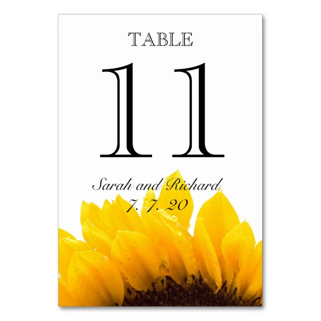 Yellow Black Sunflower Wedding Table Number Card (Front)