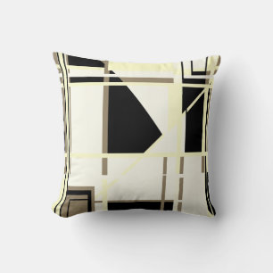 Yellow Black Taupe on White Abstract Labyrinth Cushion
