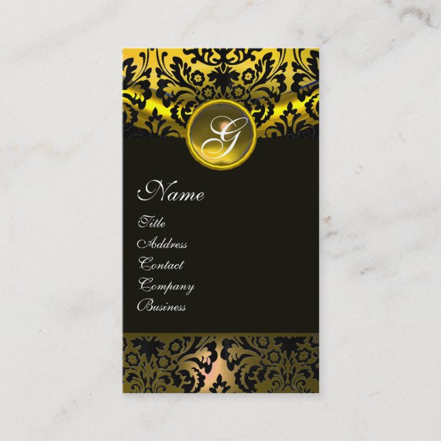 YELLOW BLACK TOPAZ  DAMASK MONOGRAM , gold Business Card (Front)