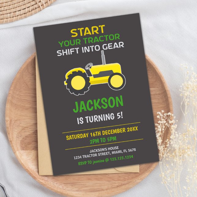 Yellow & Black Tractor Birthday Invitation (Yellow Black Tractor Birthday Invitations)