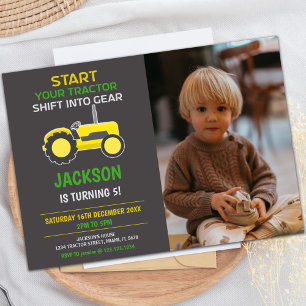 Yellow & Black Tractor Birthday Invitations