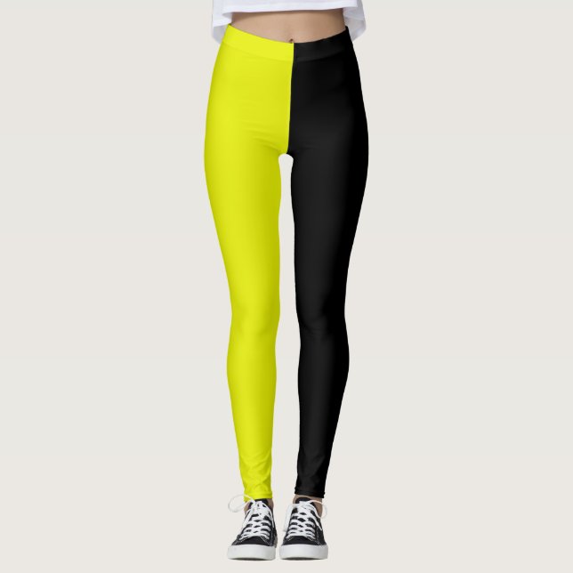 Yellow Black Two Tone Half Colour Split Leggings (Front)