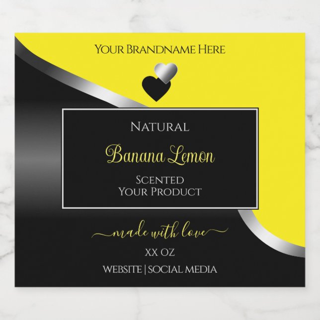 Yellow Black Wavy Silver Cute Hearts Product Label (Single Label)
