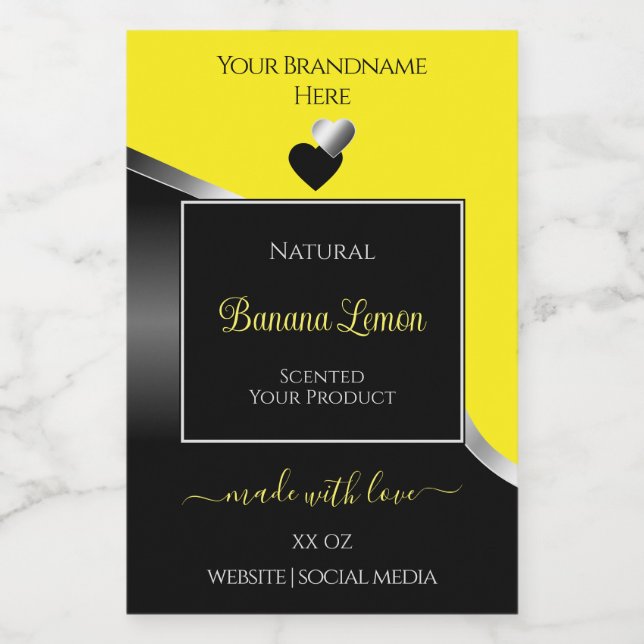Yellow Black Wavy Silver Cute Hearts Product Label (Single Label)