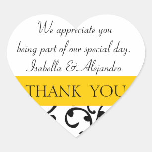 Yellow, Black Wedding Favour Thank You Message Heart Sticker