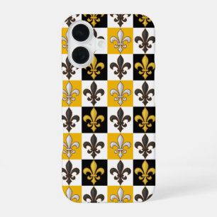 Yellow Black White Chequered Fleur-de-lis Design iPhone 16 Case