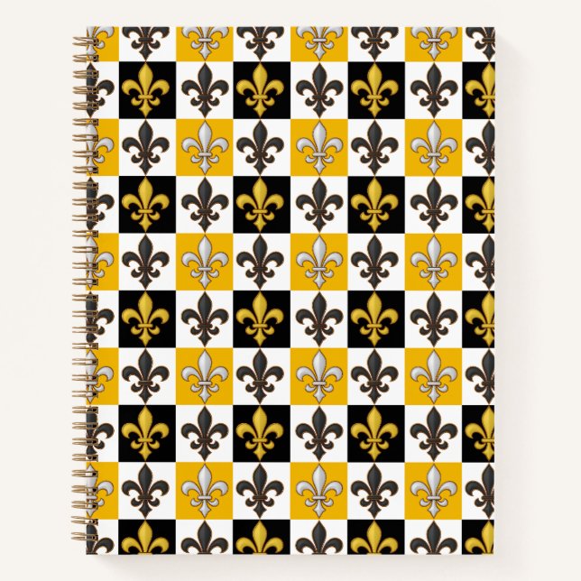 Yellow Black White Chequered Fleur-de-lis Design  Notebook (Front)