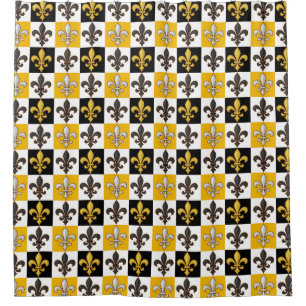 Yellow Black White Chequered Fleur-de-lis Design  Shower Curtain