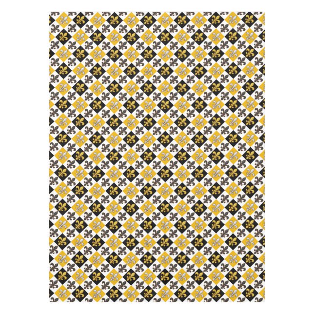 Yellow Black White Chequered Fleur-de-lis Design  Tablecloth (Front)
