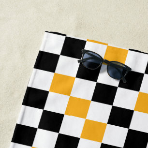 Yellow Black White Chequered Pattern Design Beach Towel