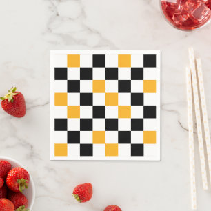 Yellow Black White Chequered Pattern Design Napkin