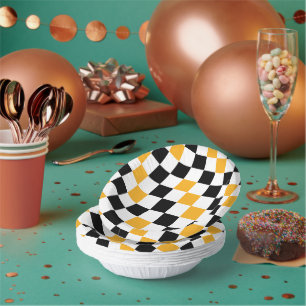 Yellow Black White Chequered Pattern Design  Paper Plate