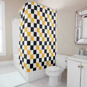 Yellow Black White Chequered Pattern Design Shower Curtain