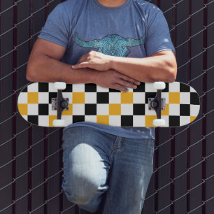 Yellow Black White Chequered Pattern Design  Skateboard