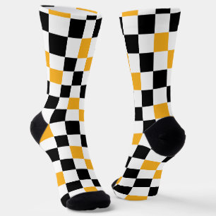 Yellow Black White Chequered Pattern Design  Socks
