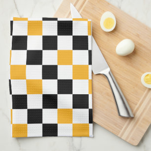 Yellow Black White Chequered Pattern Design  Tea Towel