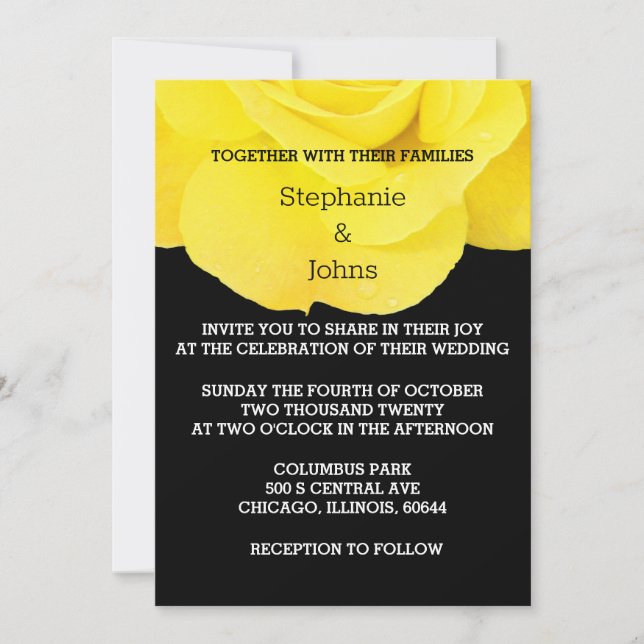Yellow Black White Floral Rose Simple Wedding  Invitation (Front)
